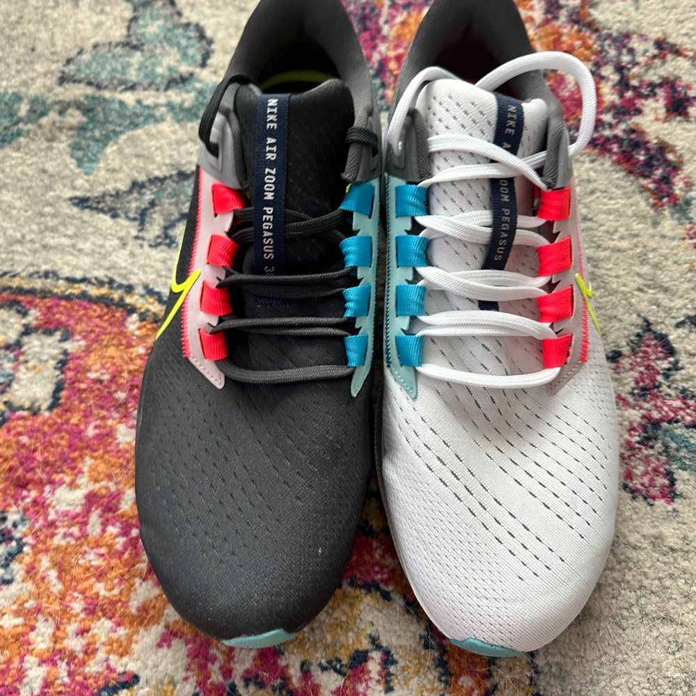 Black and White Athletic Shoes with Red and Blue Accents